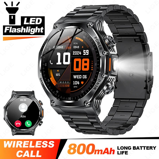 Männer Smartwatch mit robuster LED Taschenlampe und Bluetooth-Anruf-Funktion