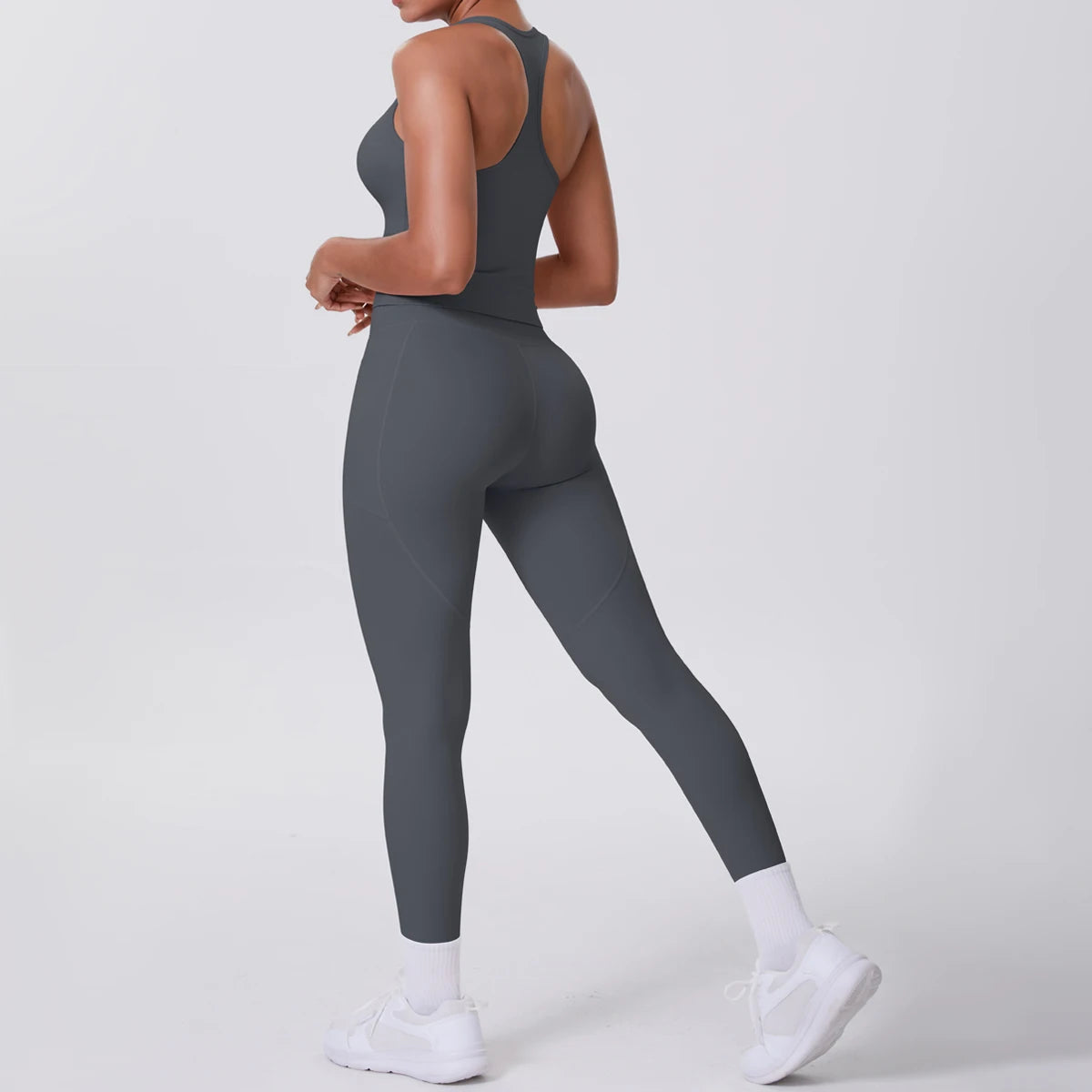 Damen-Yoga-Overall mit Rücken-Ausschnitt, ärmellos, dunkelgrau