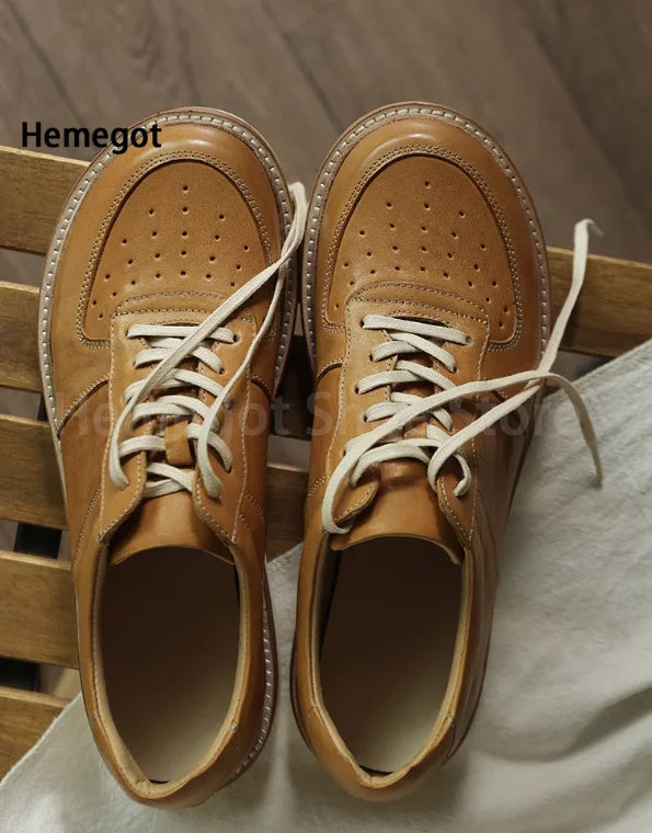 Round Toe Thick Soled Board Shoes Retro Genuine Leather Wear-Resistant Breathable Solid Color Casual Shoes Handmade Men's Shoes