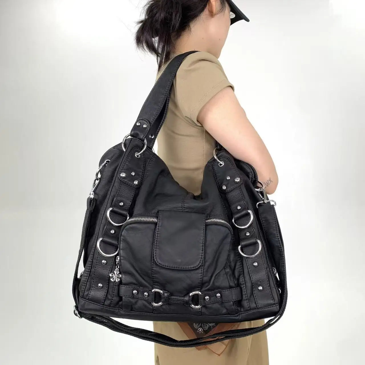 Damen-Vintage-Schultertasche Große Schwarze Mit Top-Griff Und Mehreren Fächern Für Viel Stauraum