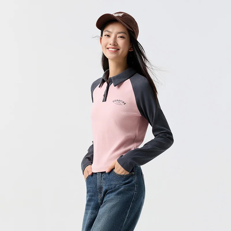 Semir Poloshirt für Damen, kurzer Stil, schmal, farbblockiert, Raglanärmel, 2024, Frühjahr, neues Oberteil mit Buchstabendruck