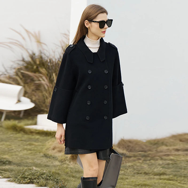 Damen Wollmantel im minimalistischen England Stil mit zwei Reihen Knöpfen
