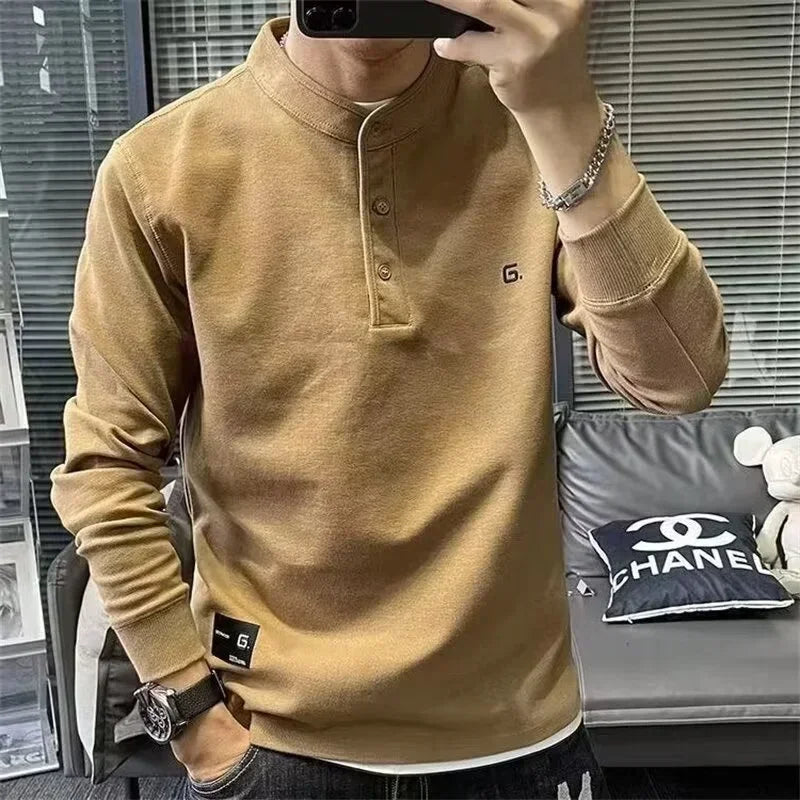 Herren Neu in Knopf Henley Neck Sweatshirts Frühling Brief Drucken Pullover Hoodies Casual Lose Y2K Streetwear Sudaderas Hombre