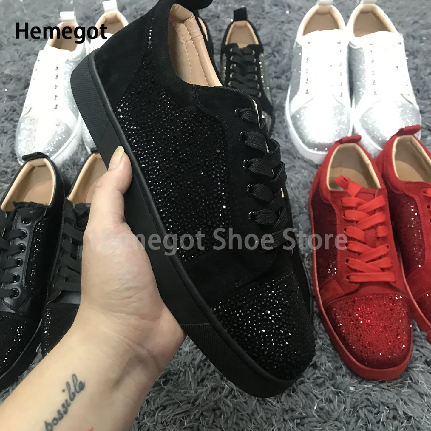Low-Top Rhinestone Sneakers Men Spring and Autumn Luxury Brand Lace-Up Casual Shoes Red Black White Flats Leather Board Shoes