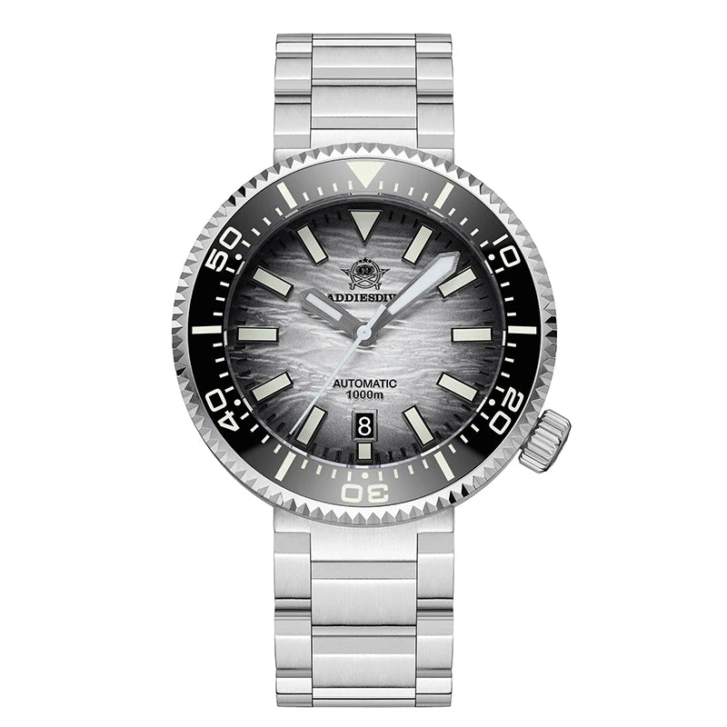 Herren-Taucheruhr mit silbernem Metallband, schwarzer Lünette und schwarzem Zifferblatt (Automatik 1000 m)