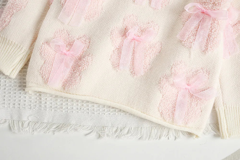 Mädchen Outfit Set mit süßem Bär Bogen Pullover und Mesh Rock