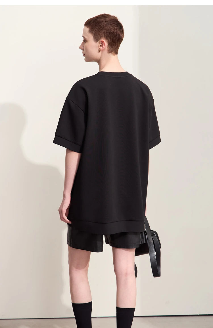 Damen T-Shirts im Minimalismus-Stil mit losem Patchwork und Dekoration