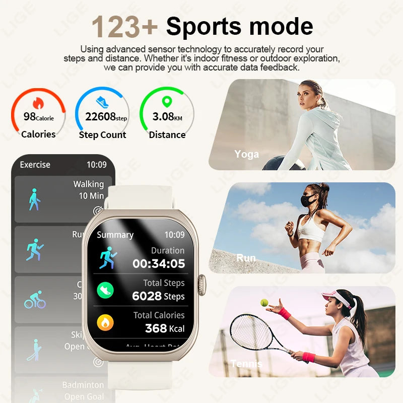 LIGE Neue 2,01'' 3D Gebogene Bildschirm Smart Uhr Bluetooth Anruf Blut Sauerstoff Herzfrequenz Sport Fitness Armband Wasserdichte Smartwatch
