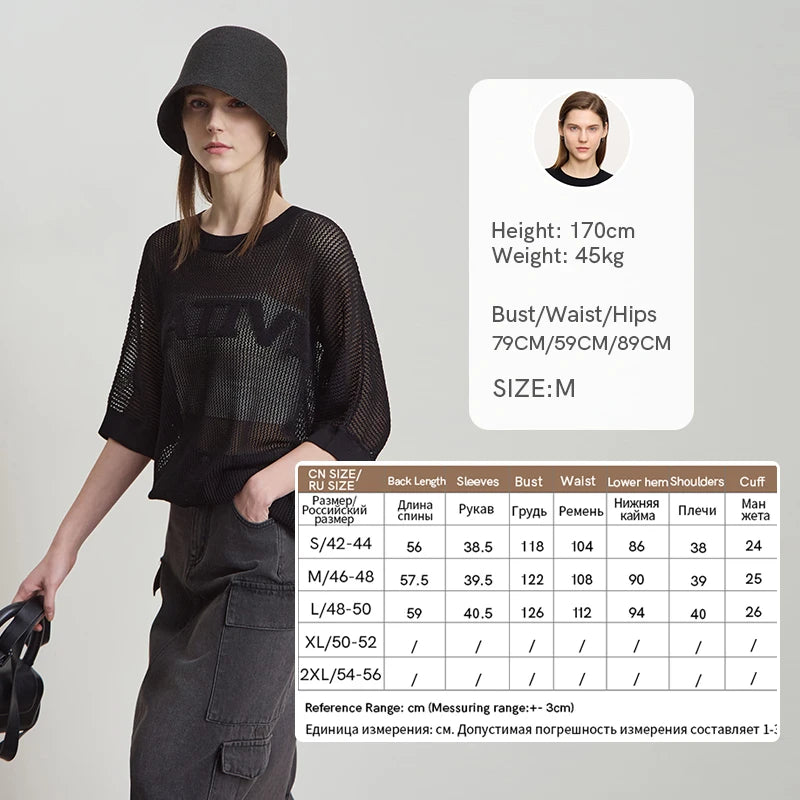 Damen-Strickpullover mit Rundhalsausschnitt, halben Ärmeln und Lochmuster, schwarz
