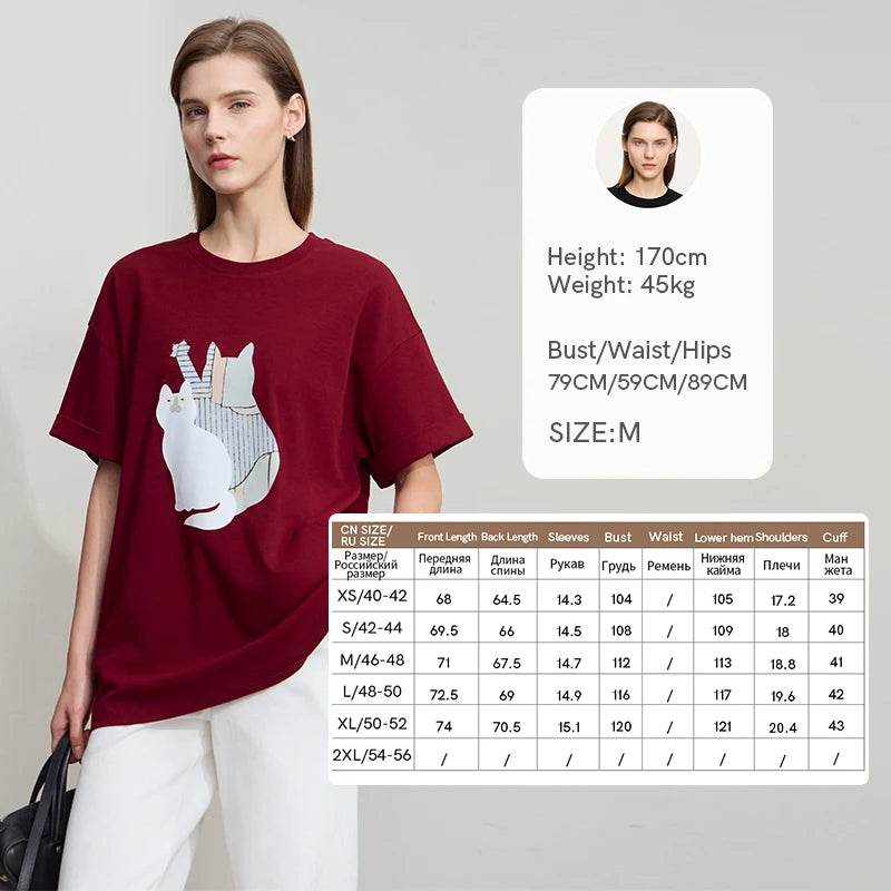 Damen Top im minimalistischen Stil mit O-Ausschnitt und bedrucktem Design