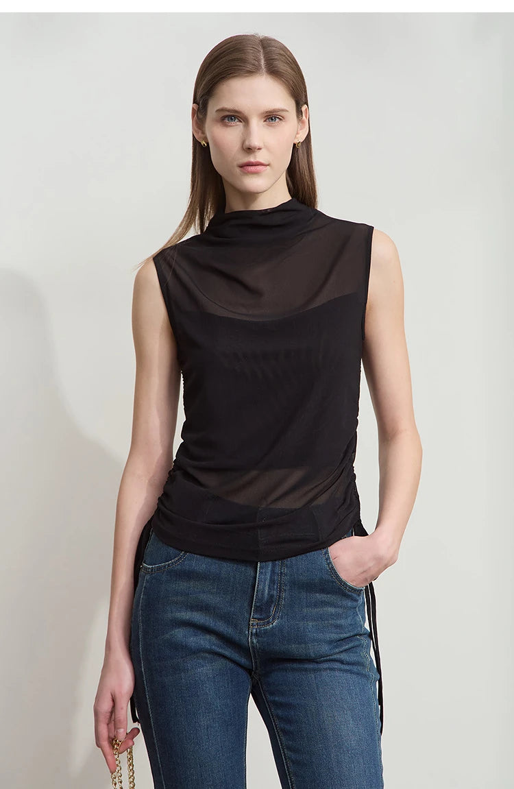 Damen T-Shirts im Sommer-Stil mit solidem ärmellosem Rollkragen für Büro