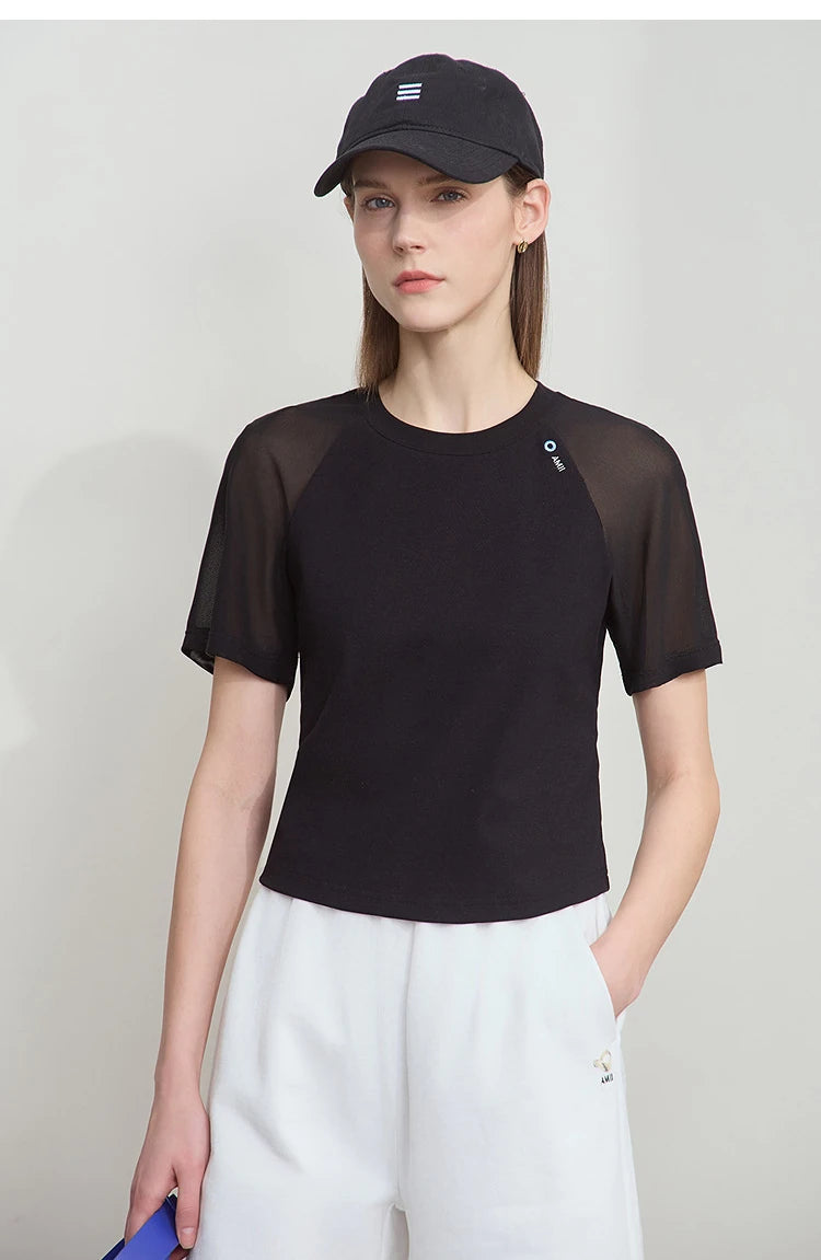 Damen T-Shirt im Casual-Stil mit gesticktem Rundhals und kurzen Ärmeln