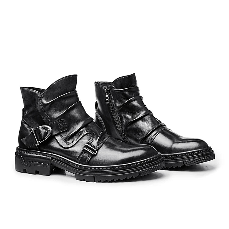 Motorrad-Hochstiefeletten aus Lederoptik, Schnallenriemen und Ziernaht, schwarze Profilsohle