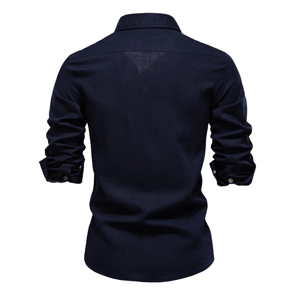 Herren Langarmhemd aus einfarbigem Leinen mit lässigem Button-Down-Kragen