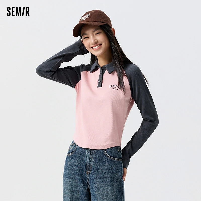 Semir Poloshirt für Damen, kurzer Stil, schmal, farbblockiert, Raglanärmel, 2024, Frühjahr, neues Oberteil mit Buchstabendruck