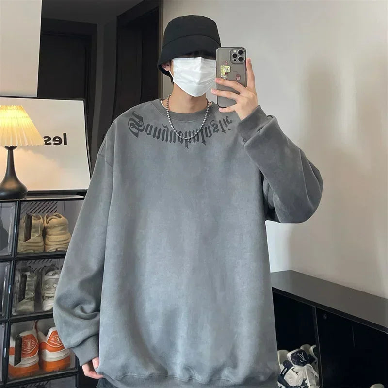 Frühlings-Herren-Sweatshirt aus Wildleder mit Goth-Buchstaben-Aufdruck, übergroße Pullover mit Rundhalsausschnitt, Hoodies, 2025, neue Y2K-Vintage-Fleece-Sudaderas