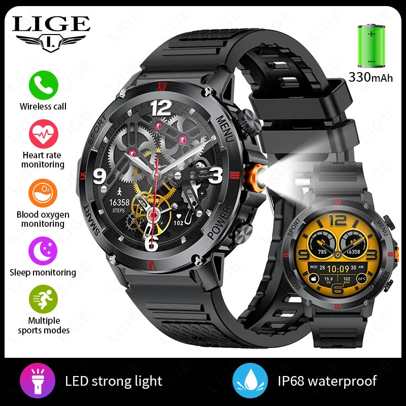 LIGE 2025 Neue Outdoor Smartwatch LED Taschenlampe Männer IP68 Wasserdichte Bluetooth Anruf Sport Fitness Track Smart Uhr Für Xiaomi