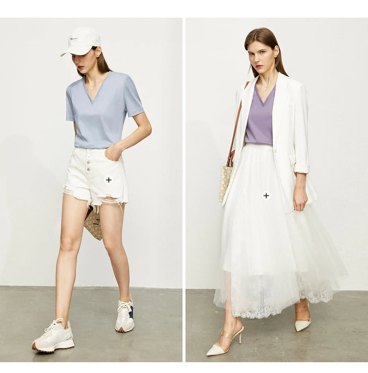 Damen Tops im Minimalismus-Stil mit V-Ausschnitt und kurzen Ärmeln