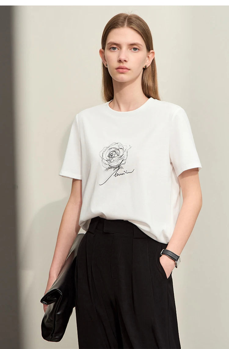 Damen Kurzarm-T-Shirt im minimalistischen Stil mit O-Ausschnitt und Stickerei
