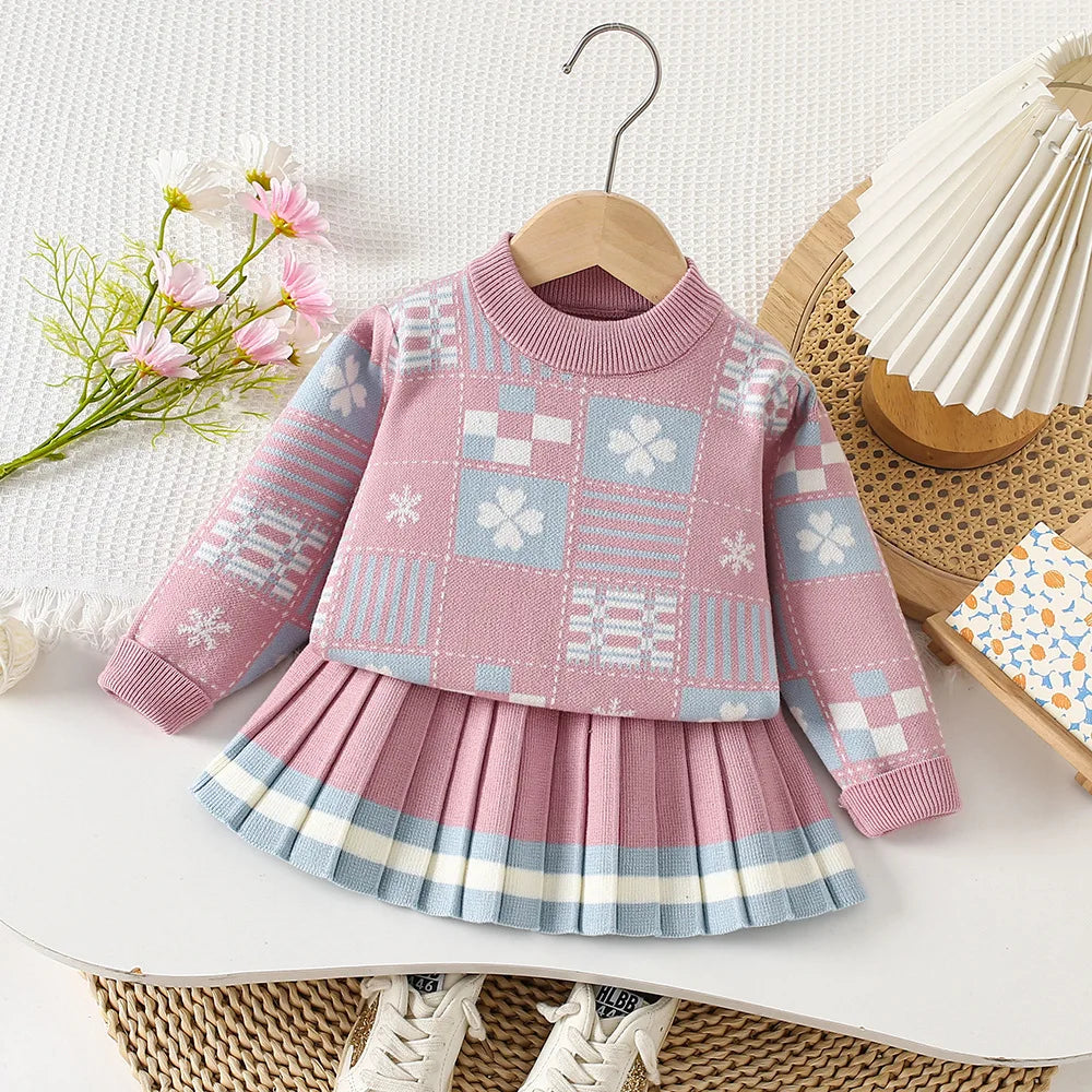 Mädchen Kleidung Set mit O-Neck Stricken Tops und Falten Röcken