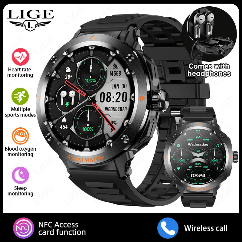 LIGE Neue TWS 2-in-1 Smart Uhr Mit Headset Bluetooth Anruf NFC Smartwatch Männer Herzfrequenz Blut sauerstoff Spielen Musik Ohrhörer Uhr