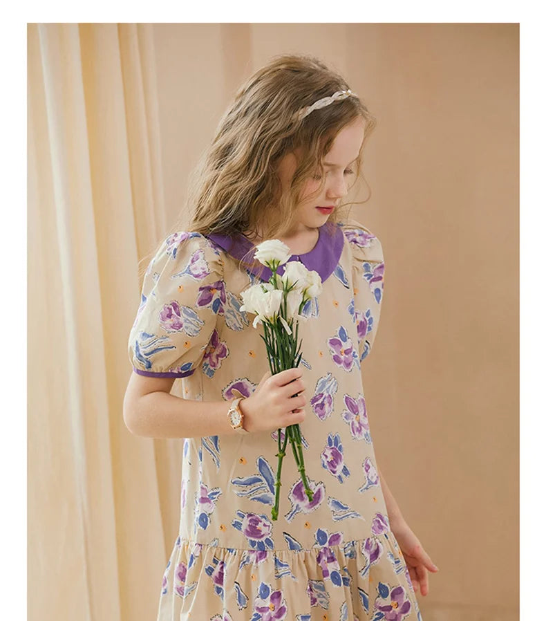 Ärmelloses Sommerkleid aus 100% Baumwolle mit kleinem Blumenmuster für Mädchen – ideal für Strand und Party, Größen 3-14 Jahre