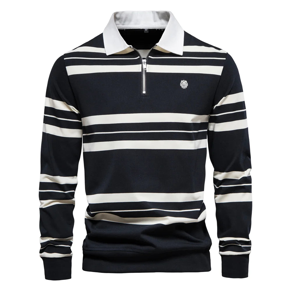 Herren Langarm Polo Shirt aus Baumwolle mit gestreiftem Reißverschluss