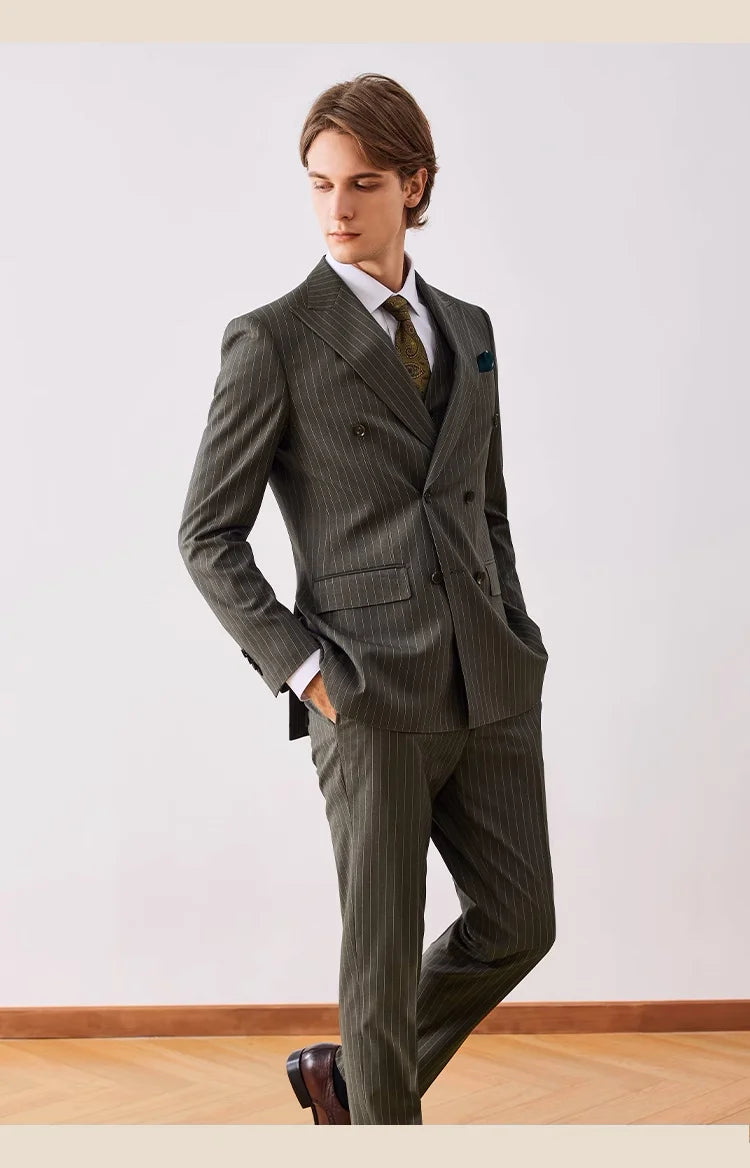 Herren Anzugset: Grüner Nadelstreifen, Slim Fit, Doppelreiher – Eleganz für Hochzeit & Business