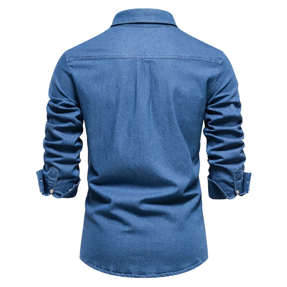 Herren Hemd aus Baumwolle im einfarbigen Denim-Look mit Tasche