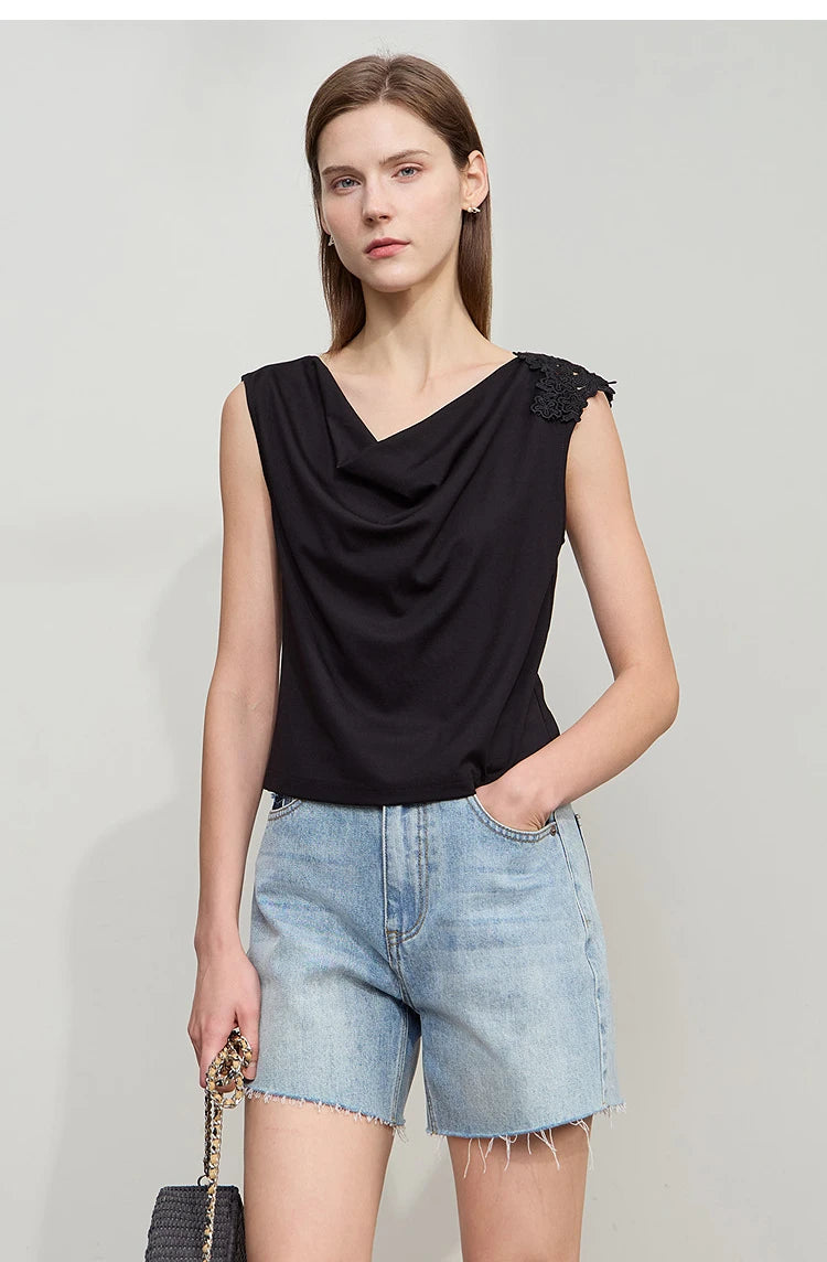 Damen Casual-T-Shirt im minimalistischen Stil mit Swing-Kragen und ärmellos