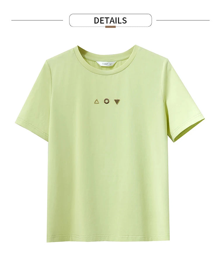Damen T-Shirt mit O-Ausschnitt und geometrischer Dekoration aus antibakterieller Baumwolle