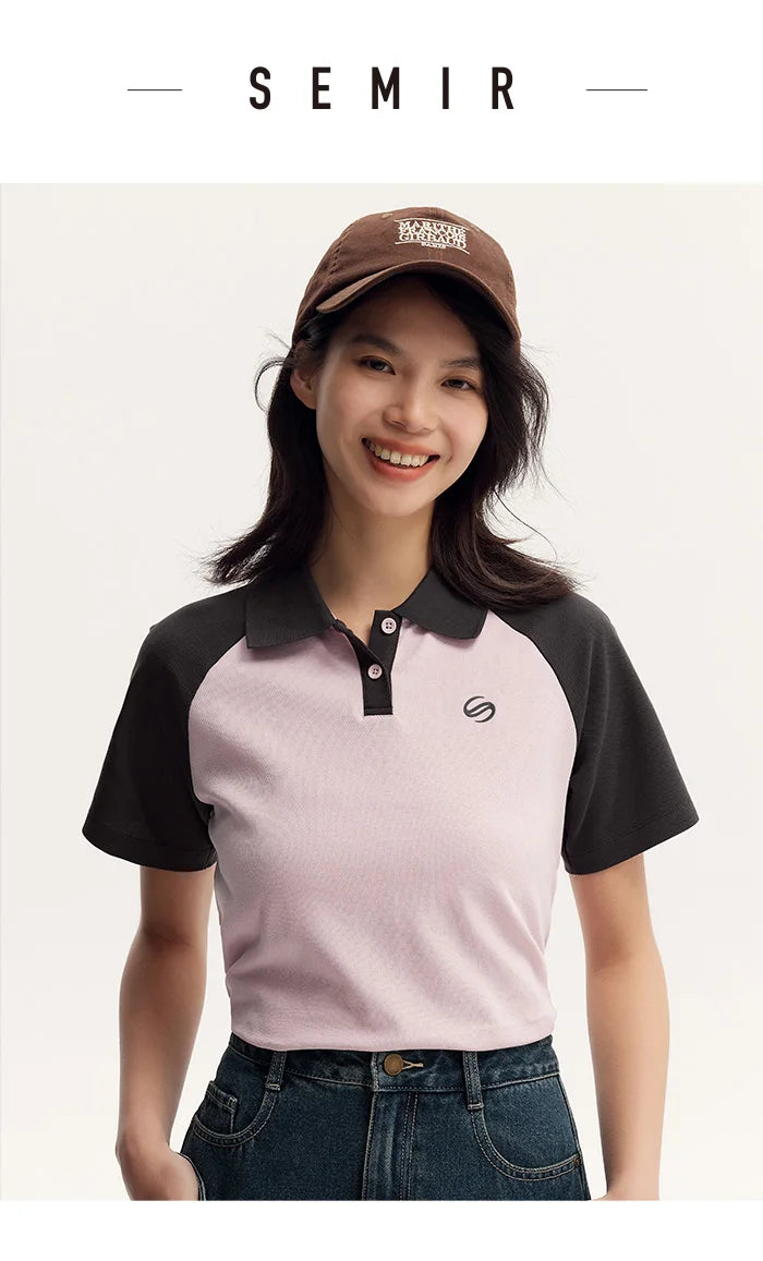 Semir Frauen Polos hirt Sommer neue Farbe Blocking Schulter fallende Ärmel American Retro Top strukturierte Kleidung Trend