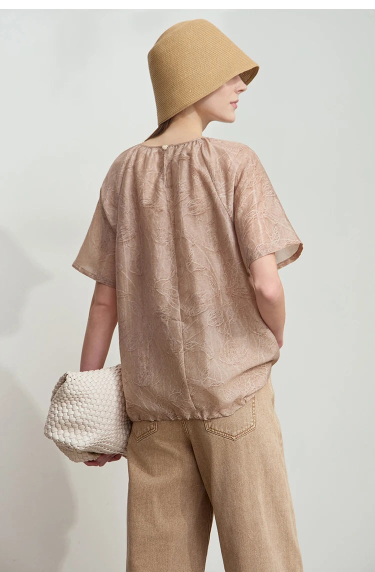 Damen T-Shirt im minimalistischen Sommer-Stil mit Kordelzug und Rundhalsausschnitt