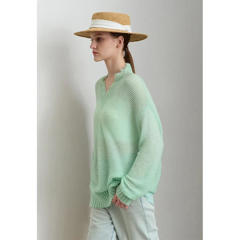 Damen V-Ausschnitt Pullover Mohair Spitze locker mittellang Frühling
