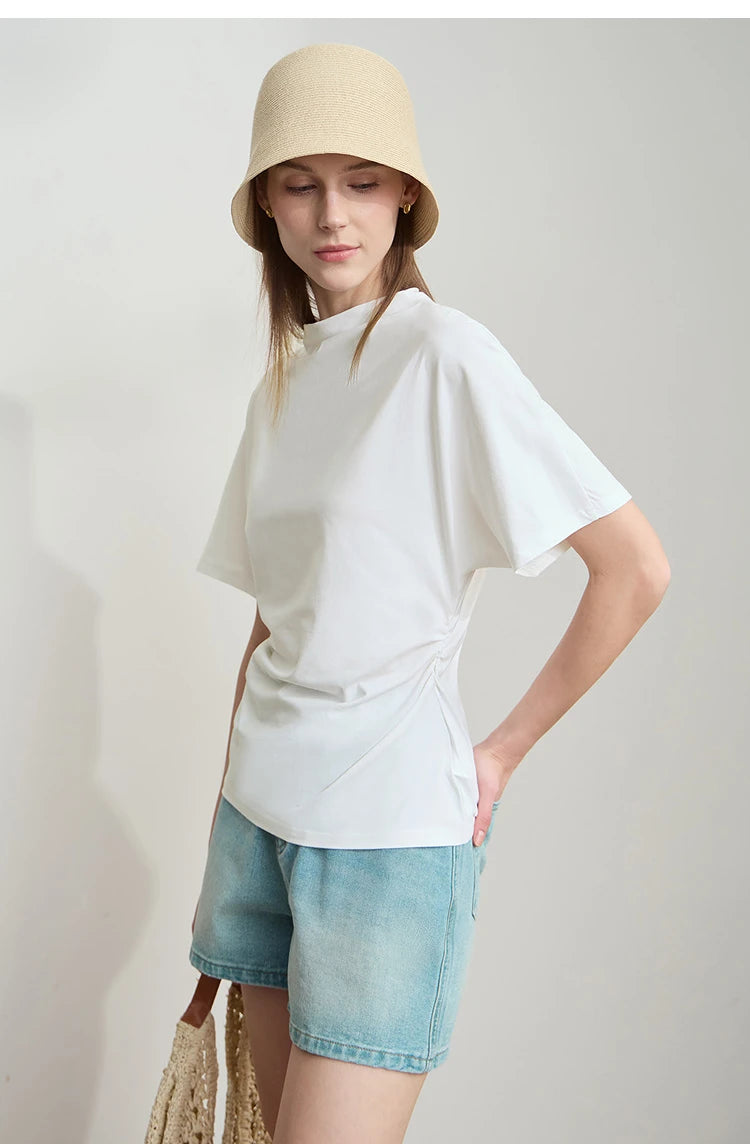 Damen T-Shirt im minimalistischen Sommer-Stil mit solidem Rollkragen und Kurzarm