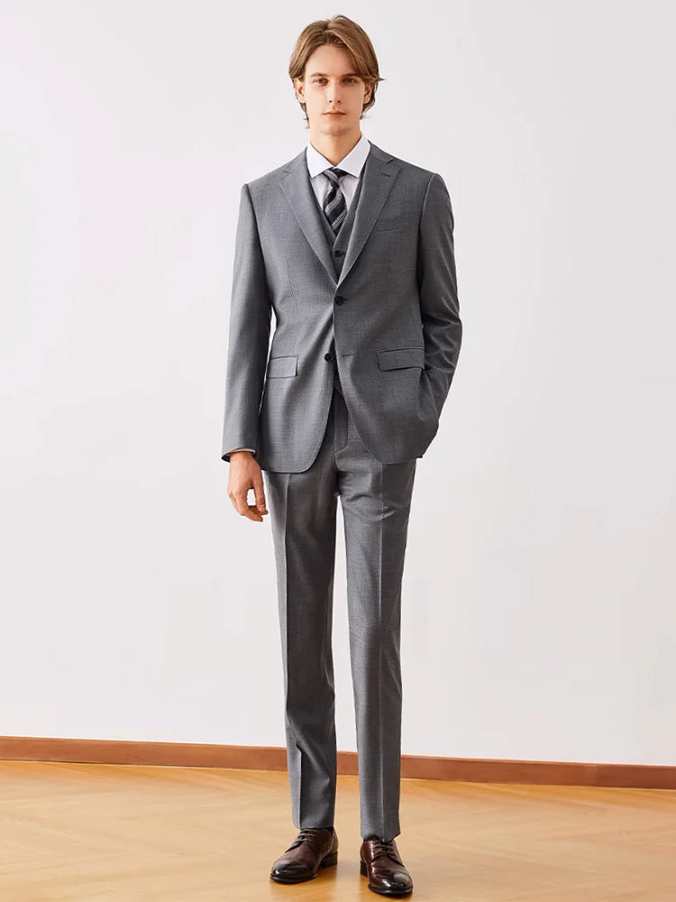 Herrenanzug-Set aus Wolle in Tiefblau – Einreihiger Blazer mit Weste und Hose für formelle Anlässe und Alltag im Slim-Fit-Stil