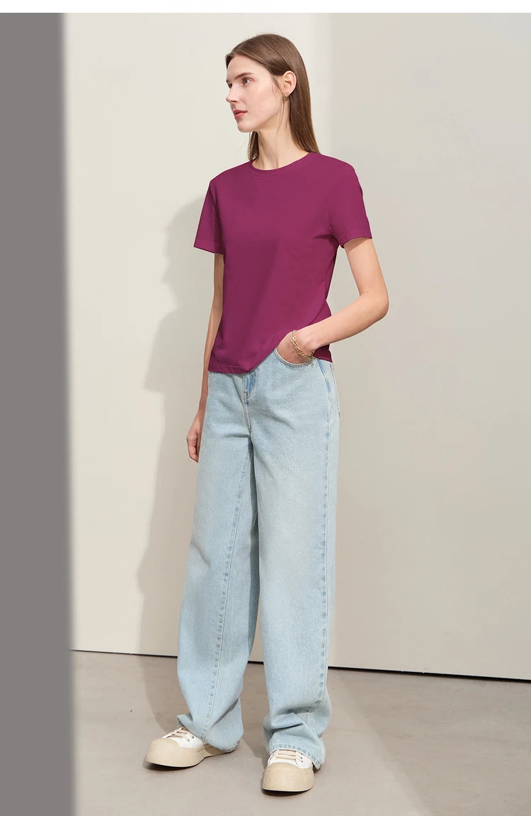 Damen T-Shirt im minimalistischen Stil mit lässigem O-Ausschnitt und kurzen Ärmeln