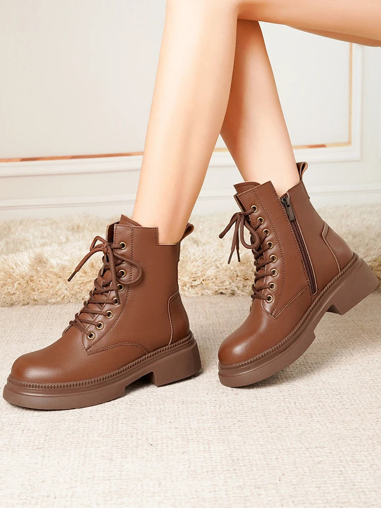 Damen Stiefeletten aus echtem Leder im Retro-Stil mit quadratischem Absatz