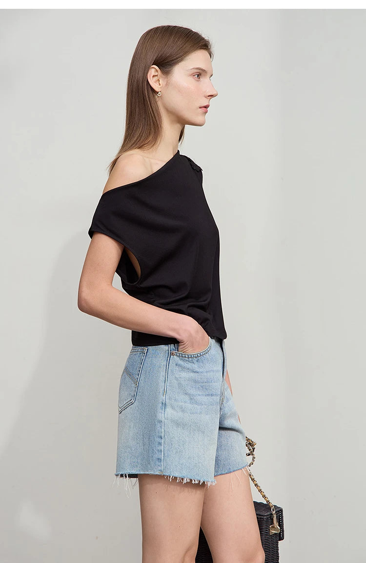 Damen Casual-T-Shirt im minimalistischen Stil mit Swing-Kragen und ärmellos