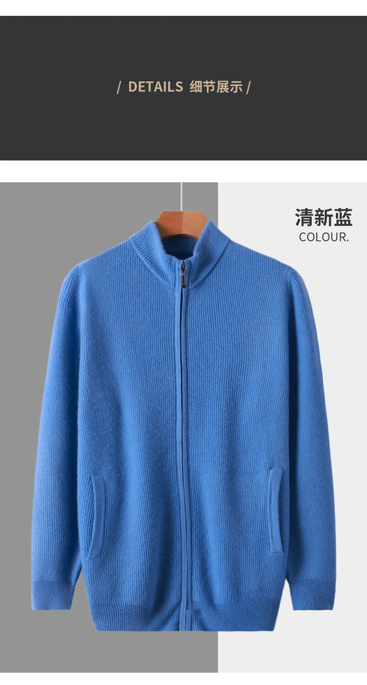 Stehkragen Reißverschluss Strickjacke Pullover Herrenmantel Business Casual Herbst Winter neue reine Wolle Strickjacke Männer Doppeltaschen
