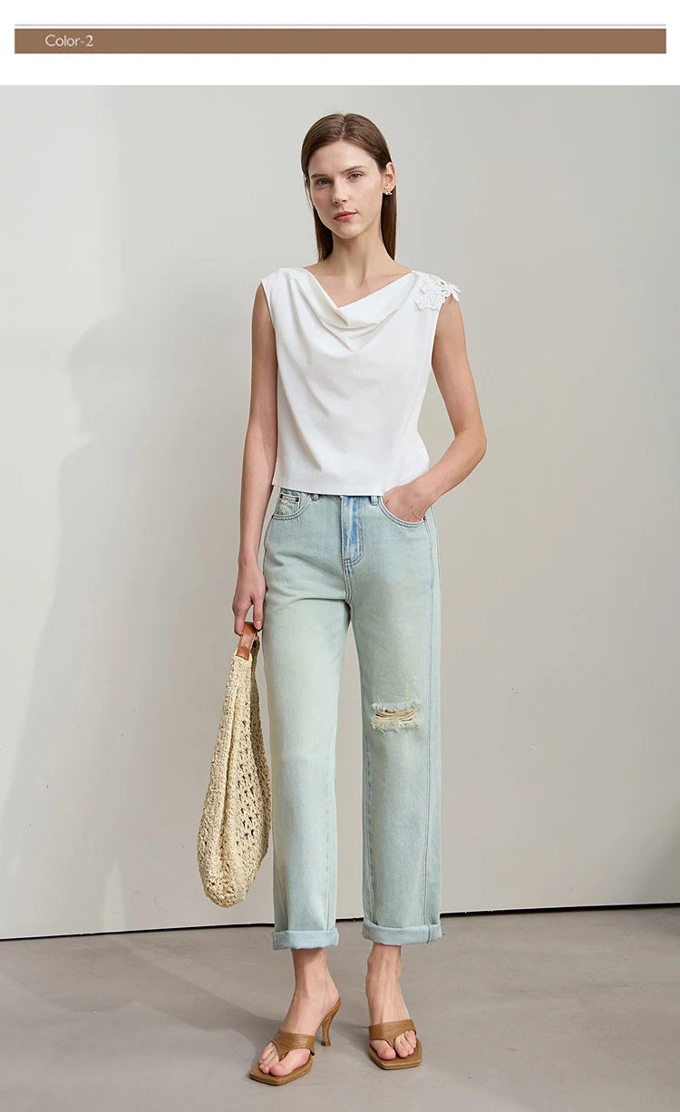 Damen Casual-T-Shirt im minimalistischen Stil mit Swing-Kragen und ärmellos