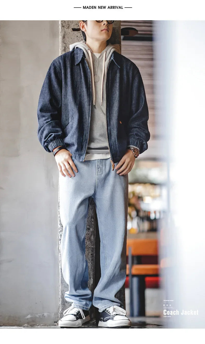 Herren Vintage-Jeansjacke Lockere Passform Revers-Reißverschlussjacke Kurze Blaue Mäntel
