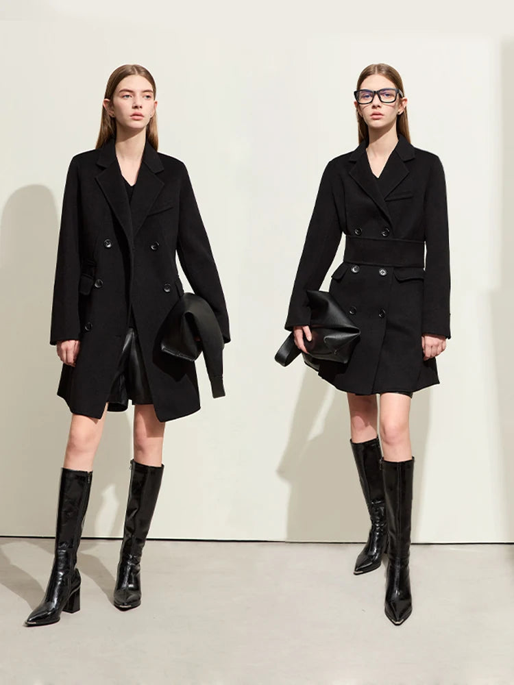 Damen mittellange Jacke aus modischer Wolle mit Gürtel und Reversmänteln