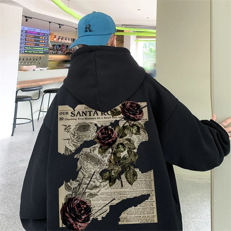 Herbst Goth Rose Grafik Druck männer Hoodies Hip Hop Mode Y2K Streetwear Kleidung Casual Fleece Lose Pullover Sweatshirts