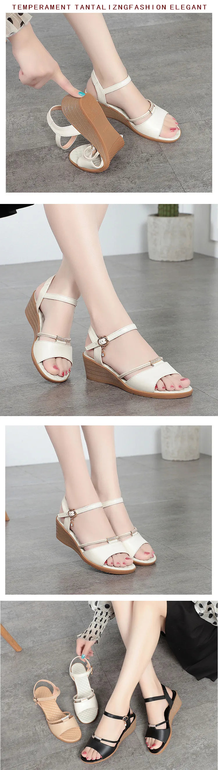 Damen-Sandalen mit Keilabsatz, Sommer, echtes Leder, große Größe 41, 42, 43, Damen-Sandalen, rutschfeste Mutter mittleren Alters, modische Sandalen