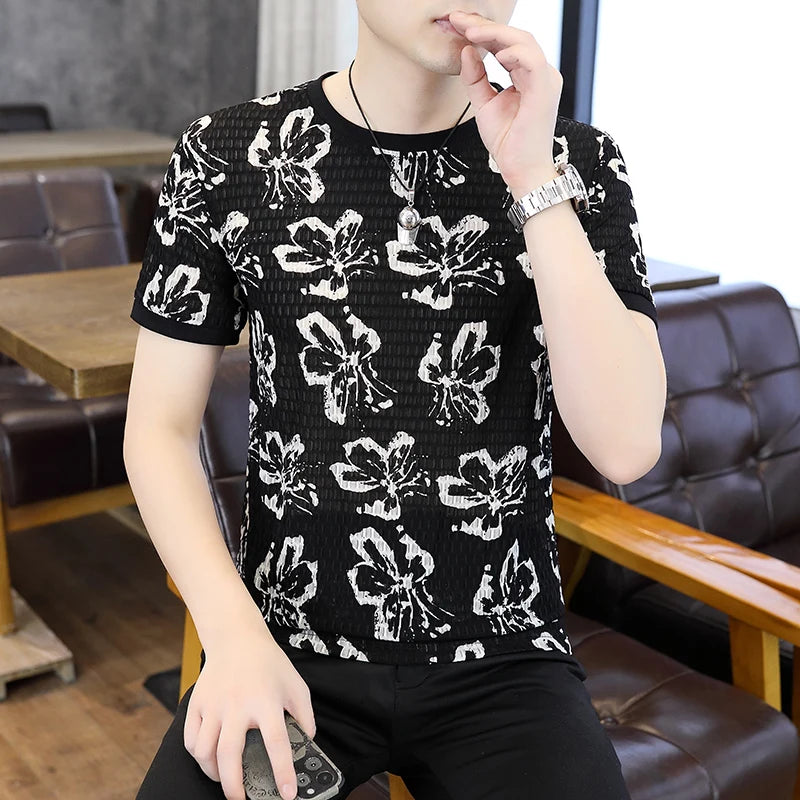 Herren T-Shirt mit Retro Blumen Druck aus atmungsaktiver Eis-Seide