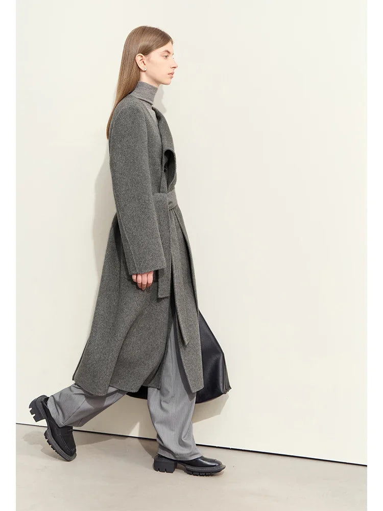 Damen Doppelseitiger Wollmantel mit asymmetrischem Schalkragen und Gürtel