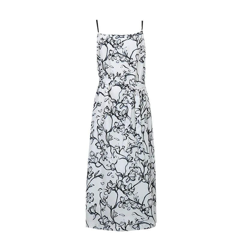 Elegantes Langes Sommerkleid Mit Gürtel Und Blumendruck Für Frau