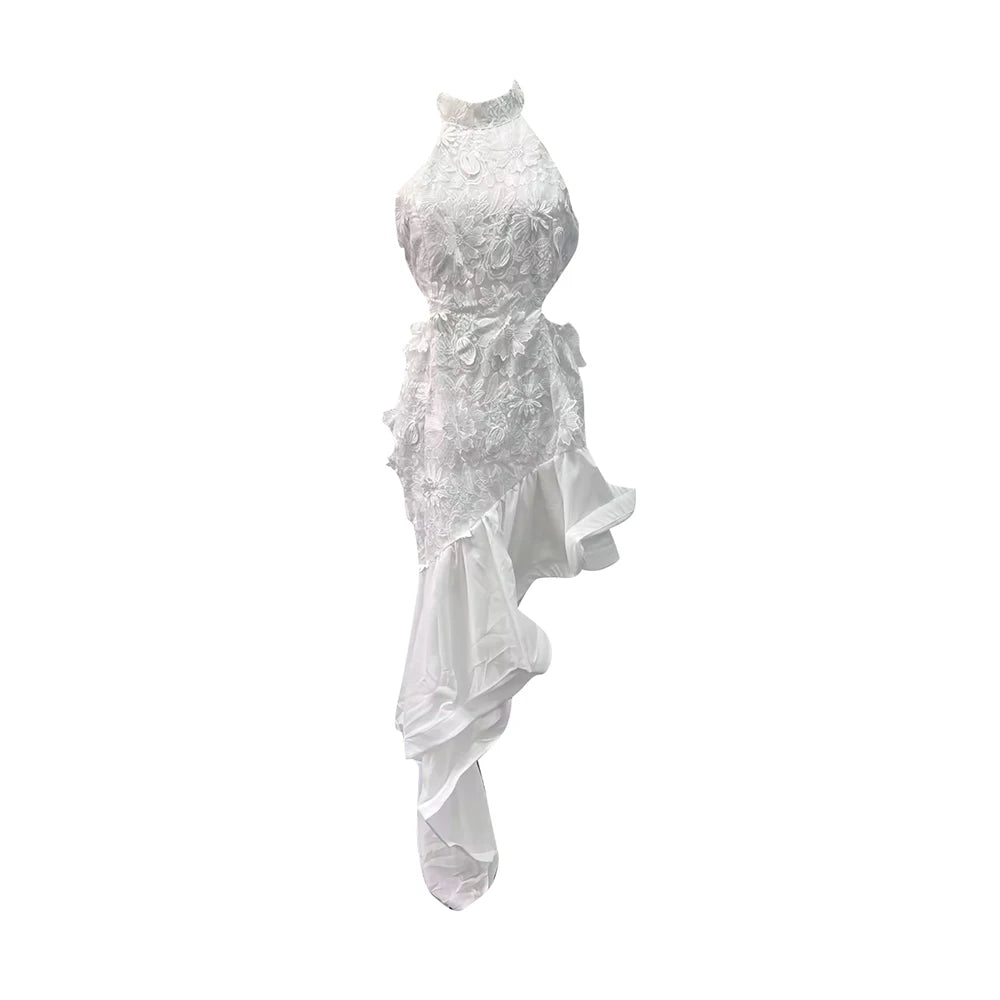 Ärmelloses Damen-Kleid mit Karree-Ausschnitt und 3D-Blumen-Patchwork im Colorblock-Design – figurbetont und stilvoll.