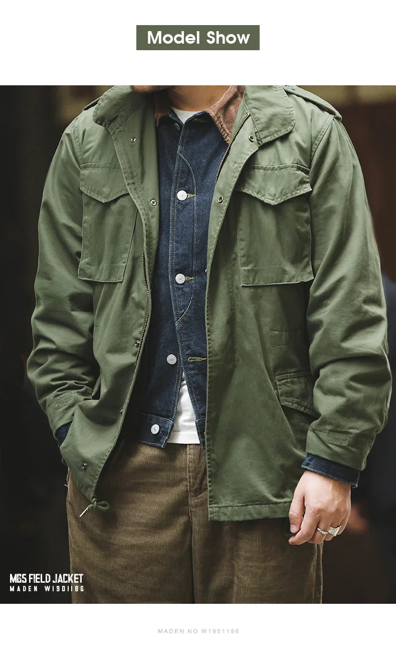 Herren Feldjacke Grüne Vintage-Armeejacke Lässige Windjacke Reverskragen Taschen Mantel